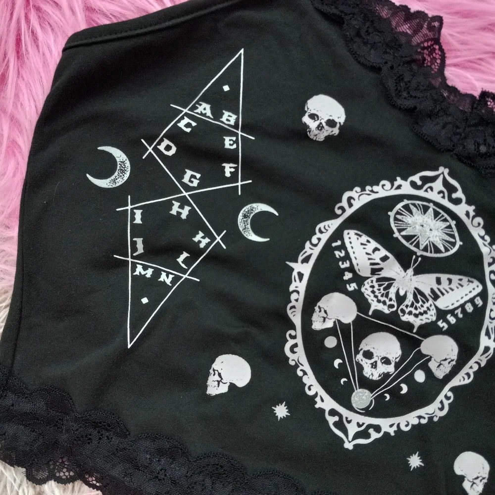 Fairy grunge occult moth cropped tank w/ lace accents! Stretchy! - Picture 2 of 4